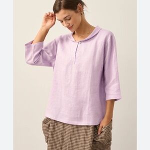 Lintico Sz M 100% Linen Shawl V-Neck Half Sleeve Top Shirt Popover